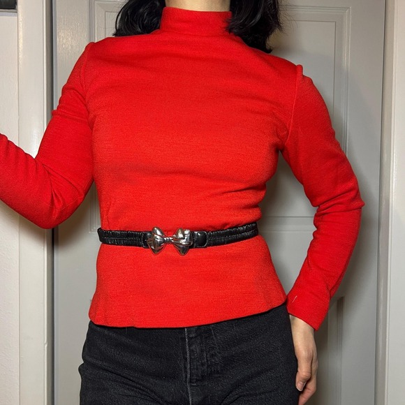 Vintage‎ 80s Black Elastic Waist Belt with Sculptural Silver Bow Buckle